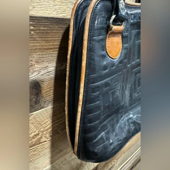 Vintage DUE FRATELLI Leather Shoulder hand Bag black tan double zipper  rare - Picture 5 of 7